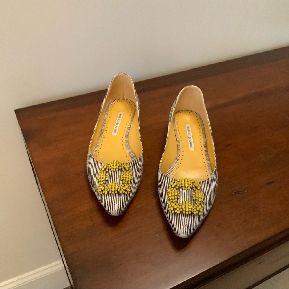 Manolo Blahnik Striped Flats with Yellow Embellishment